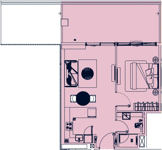 Riviera 65 1 bed floor plan, 740 sqft