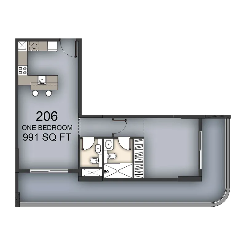 Aizel Tower 1 bed floor plan, 991 sqft