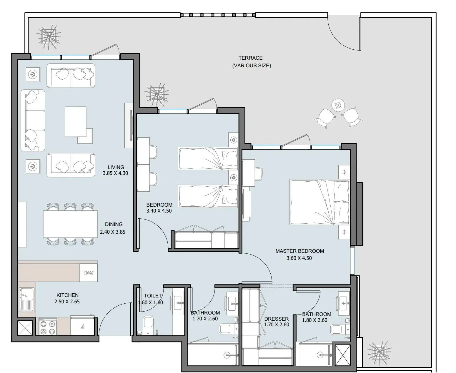 The District 2 bed floor plan, 1,211 sqft