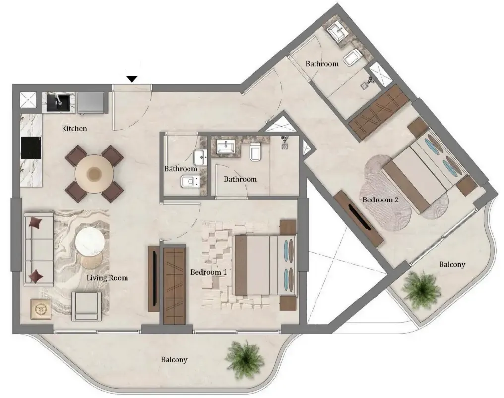 Mirari Lagoon by Zoya 2 bed floor plan, 940 sqft