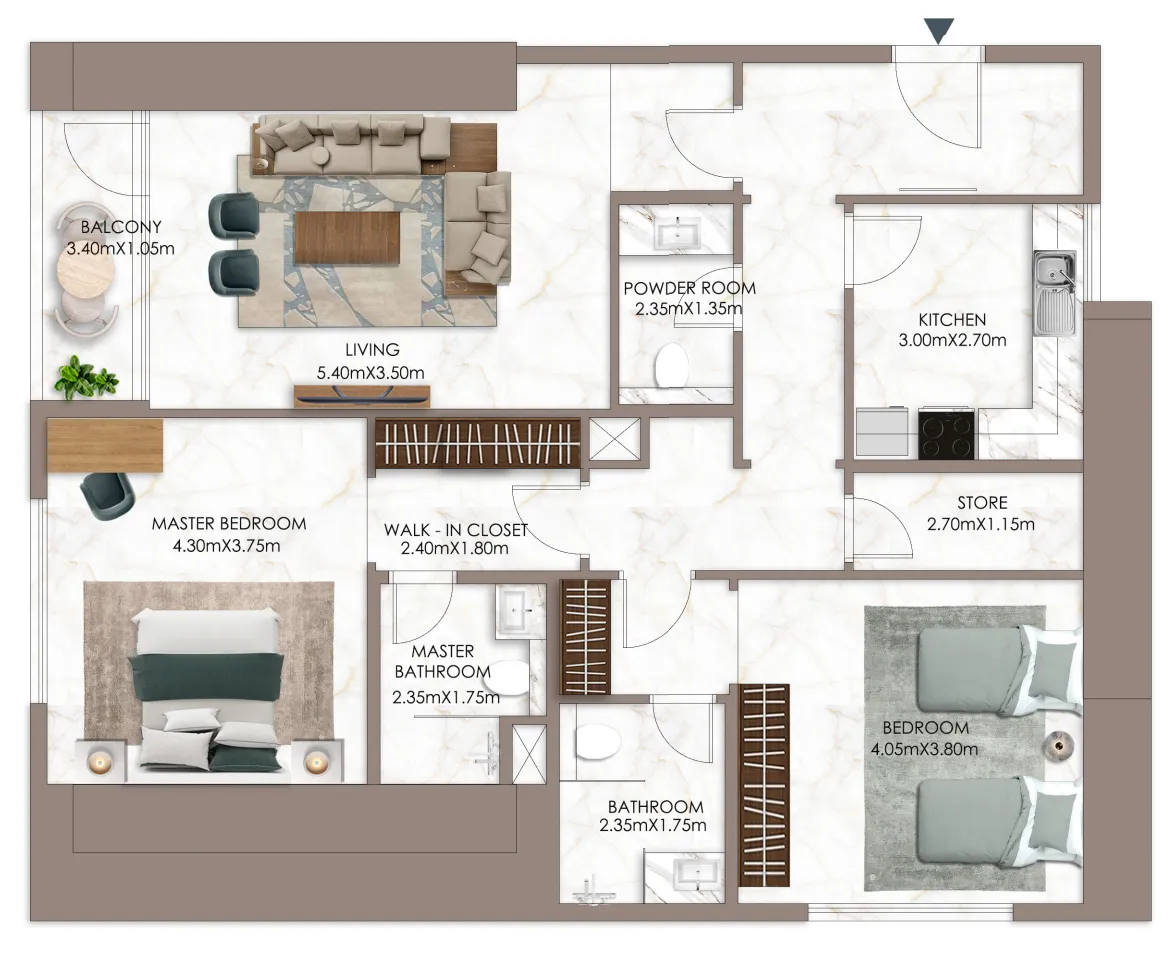 Sky Gardens Tower 2 bed floor plan, 1,847 sqft