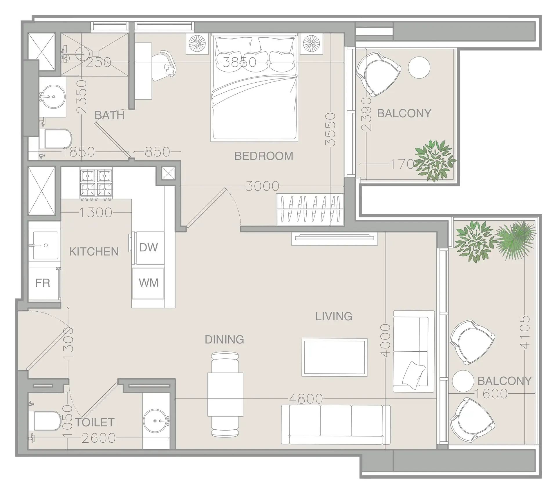 ELAR1S Rise 1 bed floor plan, 713 sqft