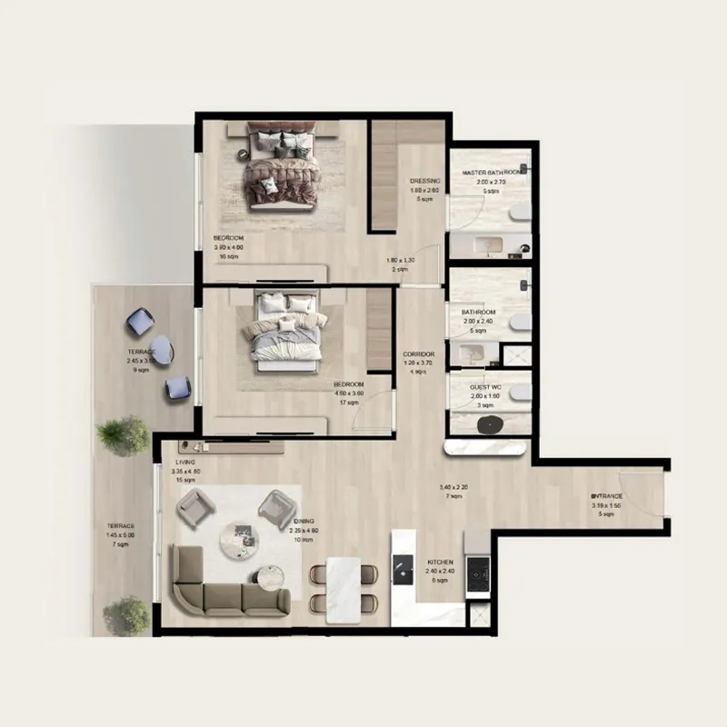 Manchester City Yas Residences by Ohana – Phase 1 2 bed floor plan, 1,292 sqft