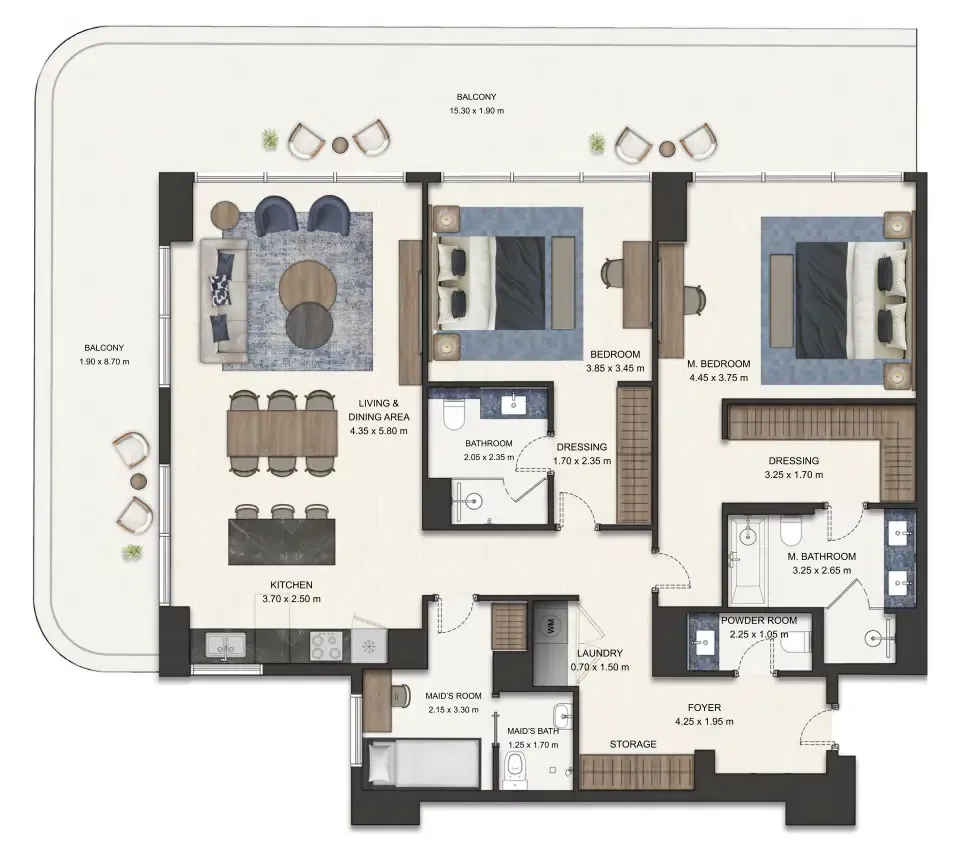 Seamont Autograph Collection Residences 2 bed floor plan, 1,644 sqft