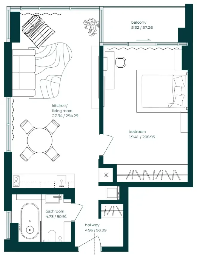 Vibe 1 bed floor plan, 745 sqft