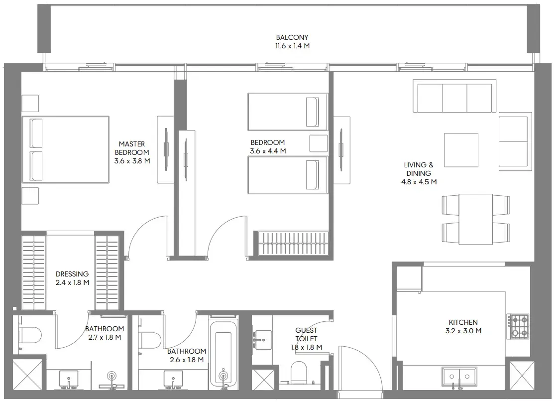 The Gate 5 2 bed floor plan, 1,277 sqft