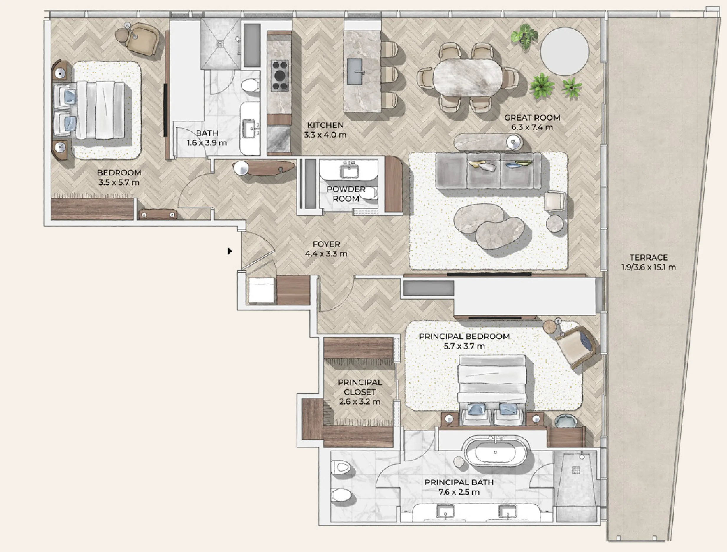 Mr. C Residences Downtown 2 bed floor plan, 2,240 – 2,273 sqft