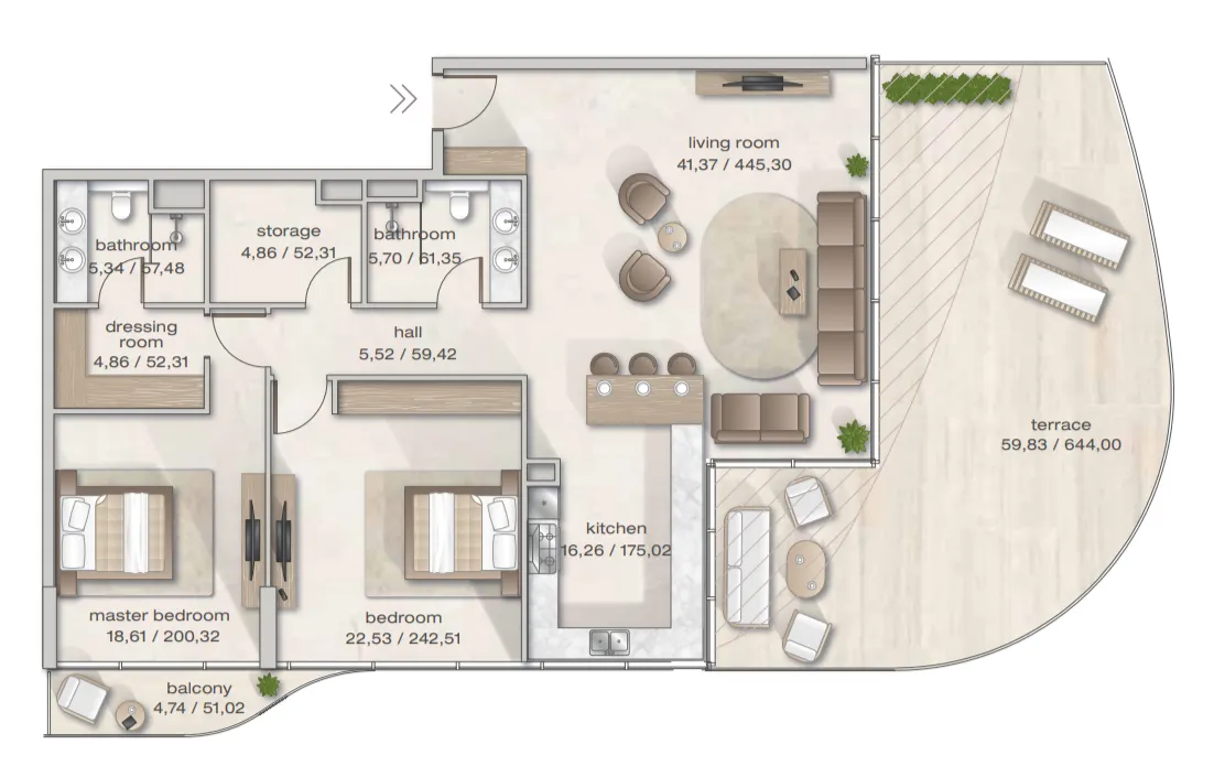 Zephyra Residences 2 bed floor plan, 2,161 sqft