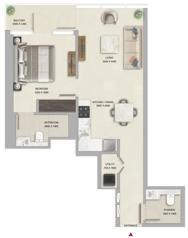 The Pinnacle at Sobha Central 1 bed floor plan, 669 – 673 sqft
