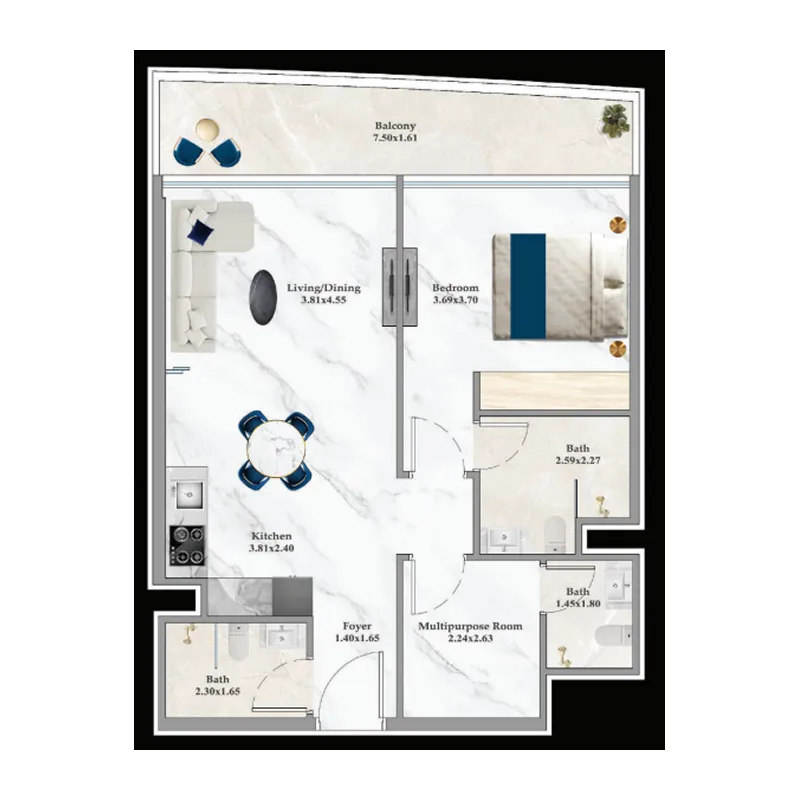Aspirz 1 bed floor plan, 790 sqft