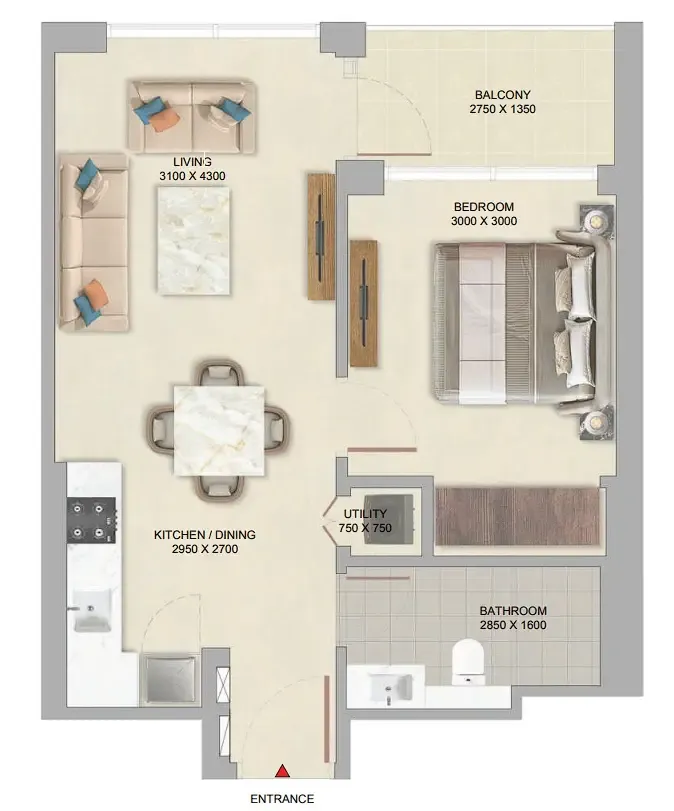 The Woods at Sobha Sanctuary 1 bed floor plan, 540 sqft