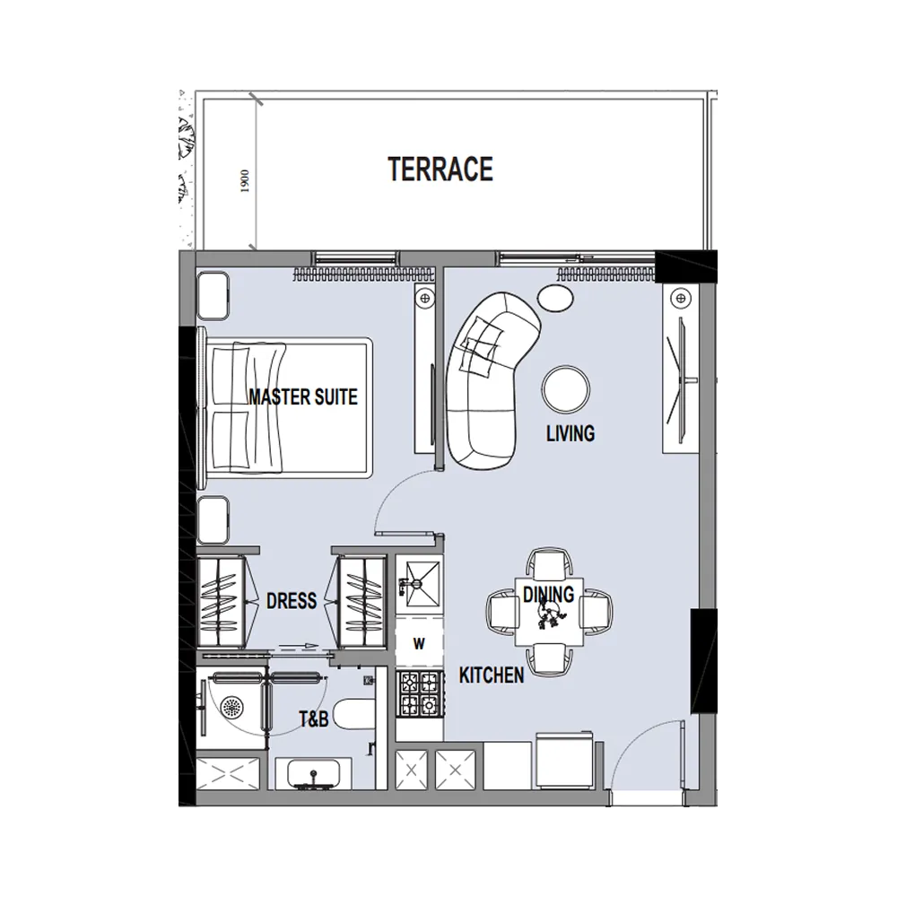 Verso 1 bed floor plan, 610 sqft