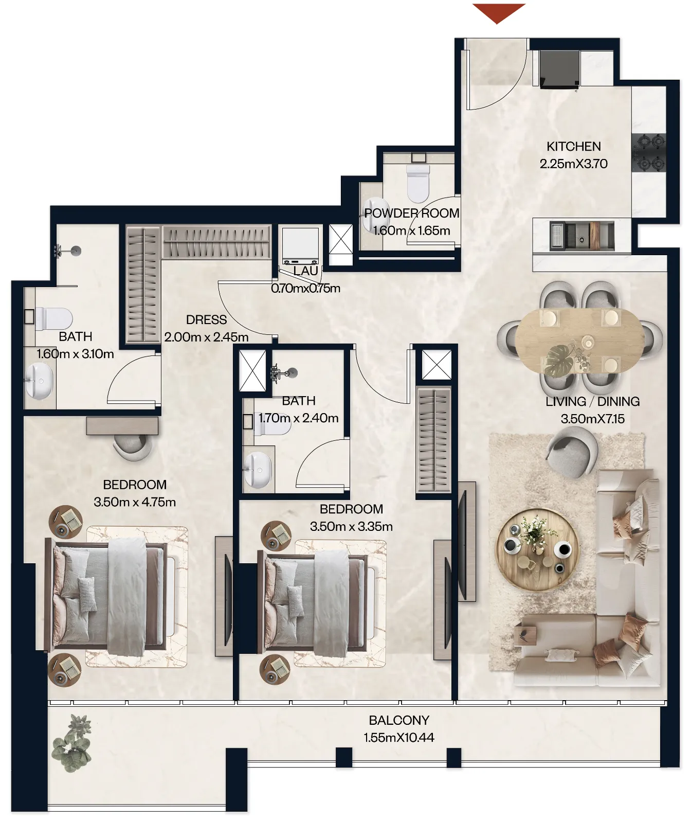 Norah Residence 2 bed floor plan, 1,207 sqft
