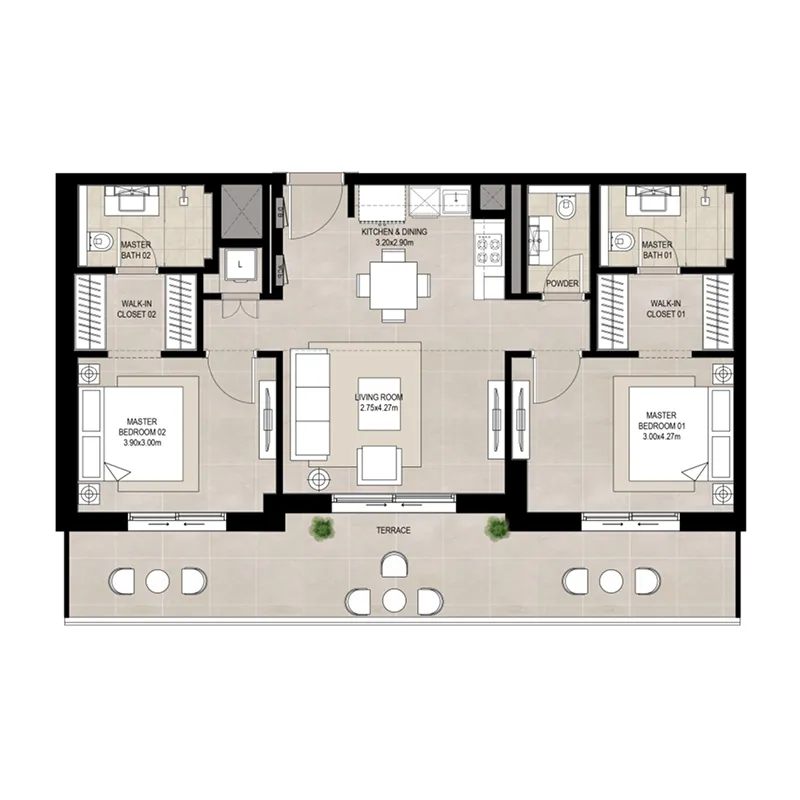 Olbia 2 bed floor plan, 1,160 sqft