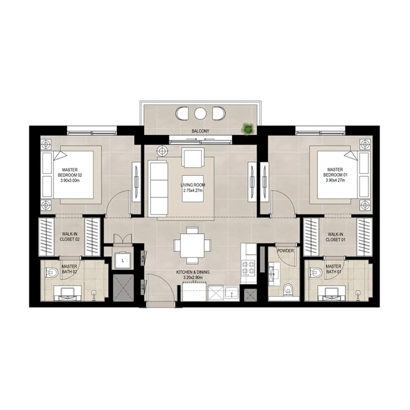 Olbia 2 bed floor plan, 942 sqft