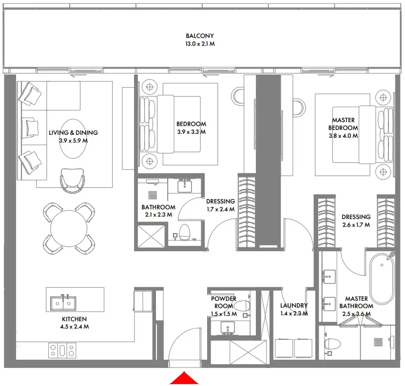W The Residences by Arada 2 bed floor plan, 1,599 sqft