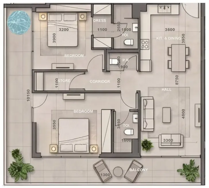 Sky Harmony 2 bed floor plan, 1,281 sqft