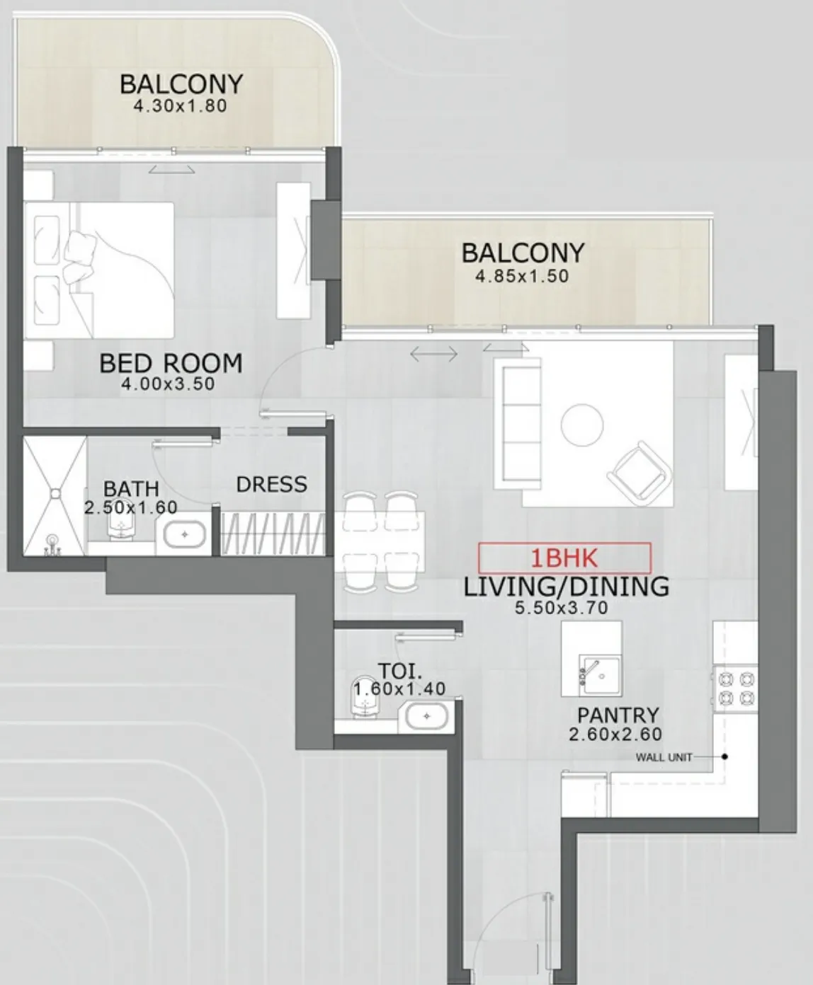 Floarea Skies 1 bed floor plan, 837 sqft