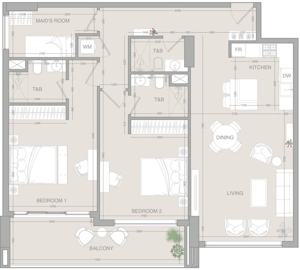 VERDAN1A 2 bed floor plan, 1,351 sqft