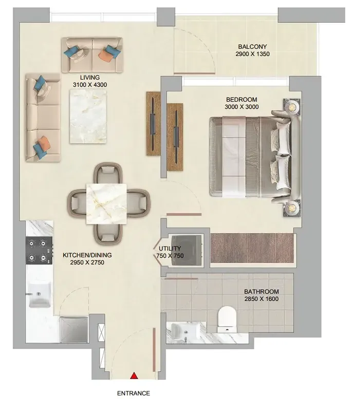 The Woods at Sobha Sanctuary 1 bed floor plan, 542 sqft