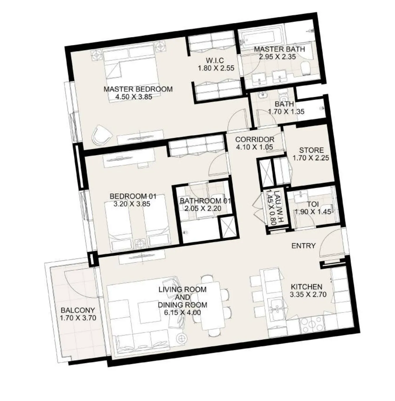 Canal Front Residences 3 and 4 2 bed floor plan, 1,333 sqft