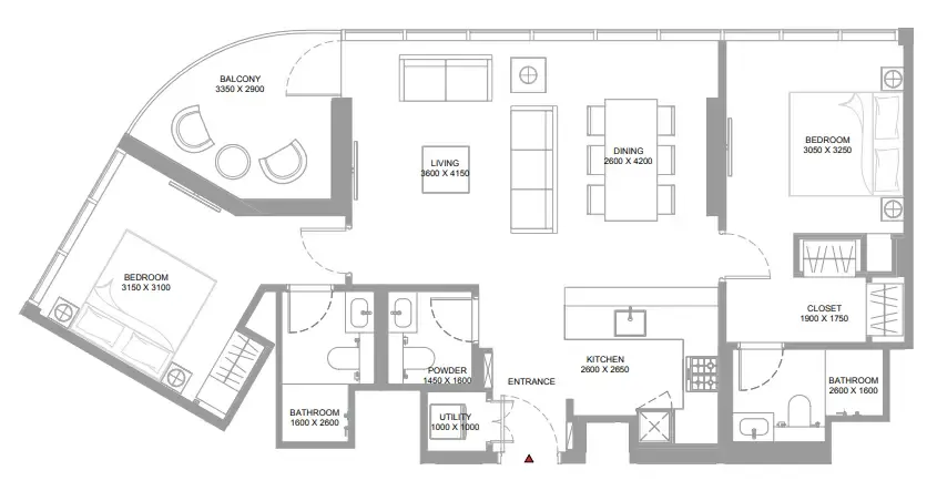 Pearlside Marina Residences 2 bed floor plan, 1,021 sqft