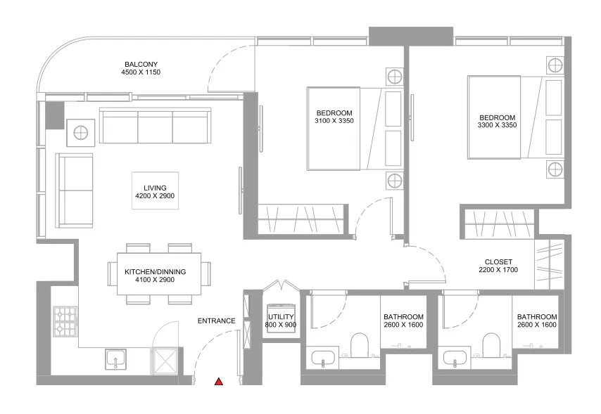 Coastline Beach Residences 2 bed floor plan, 864 sqft