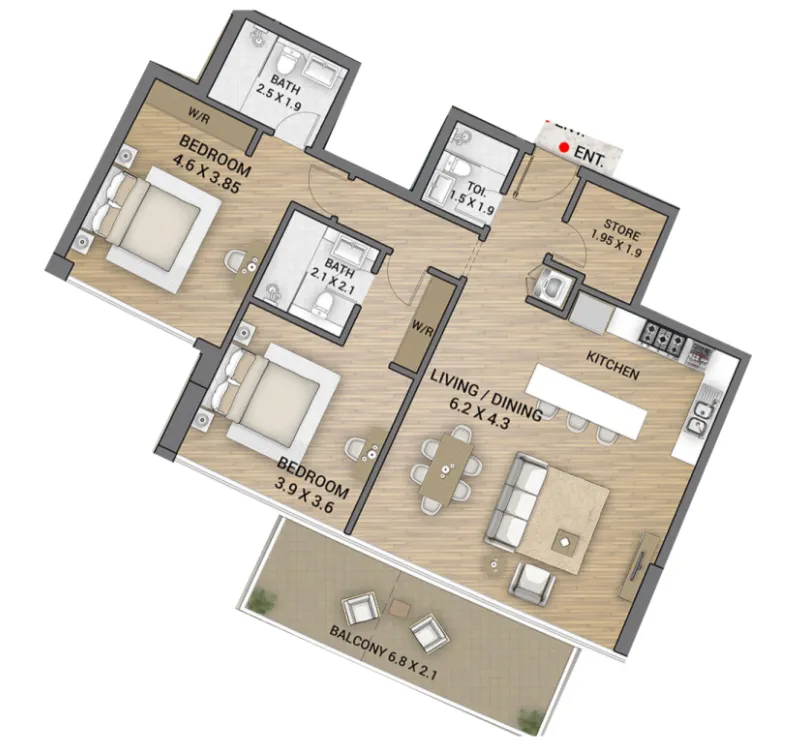 Ocean Tower 2 bed floor plan, 1,338 sqft