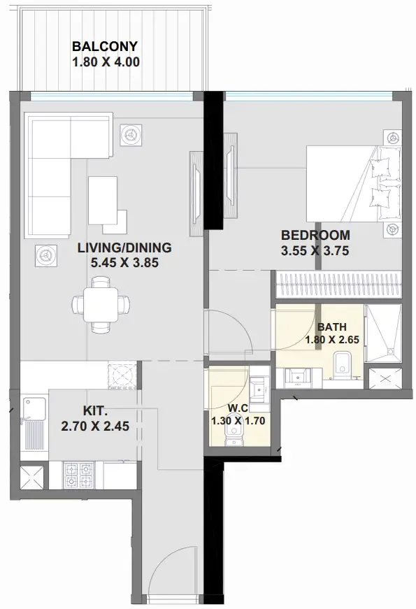 Ayaan Heights 1 1 bed floor plan, 770 – 785 sqft