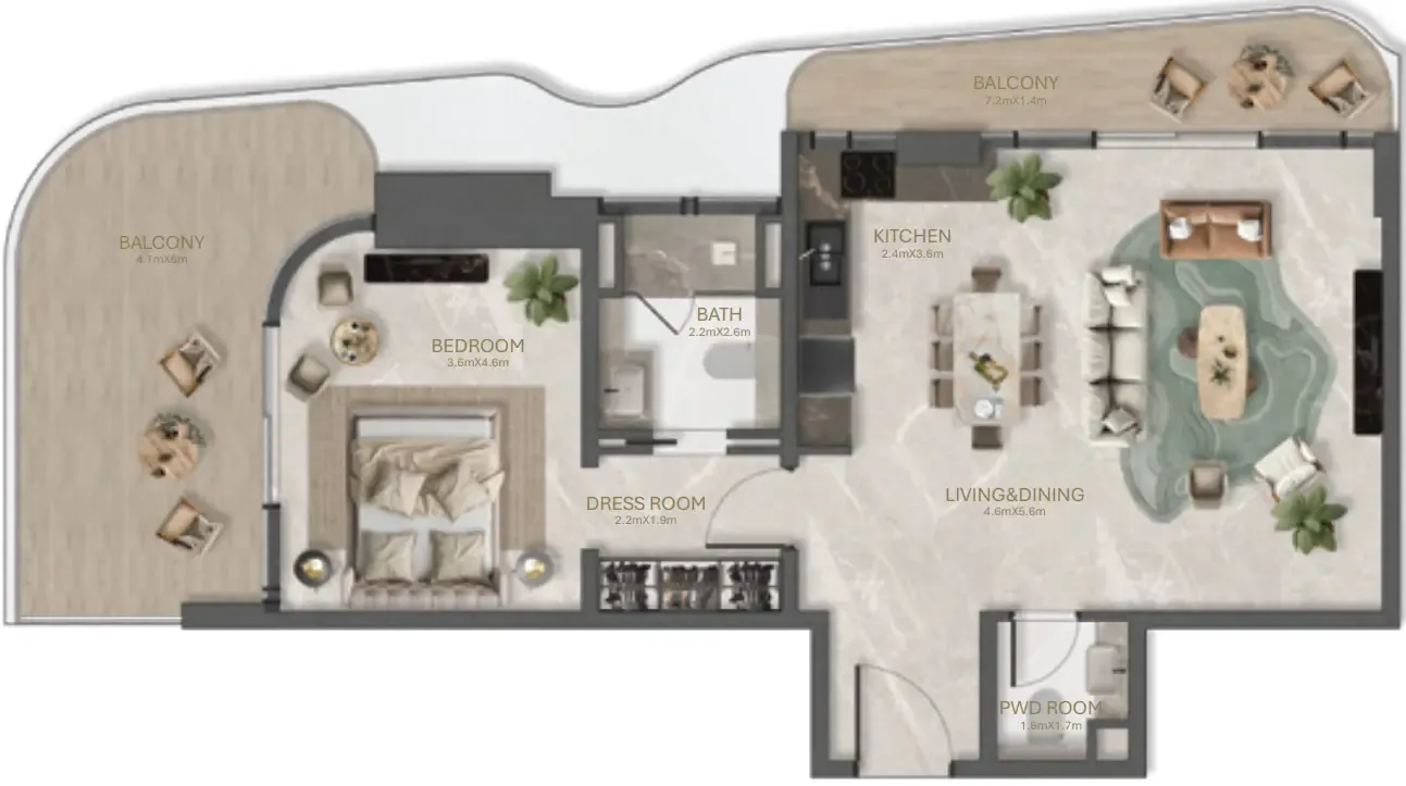 La Perla by BNW Developments 1 bed floor plan, 1,160 sqft