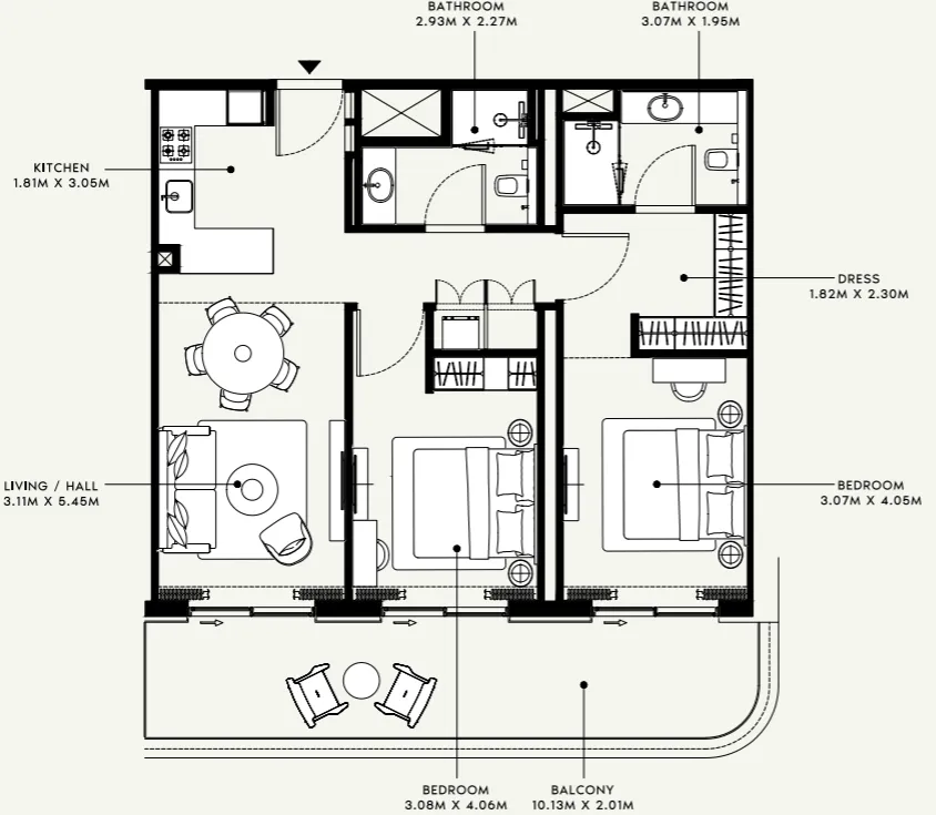 Azizi Venice 2 bed floor plan, 1,156 sqft