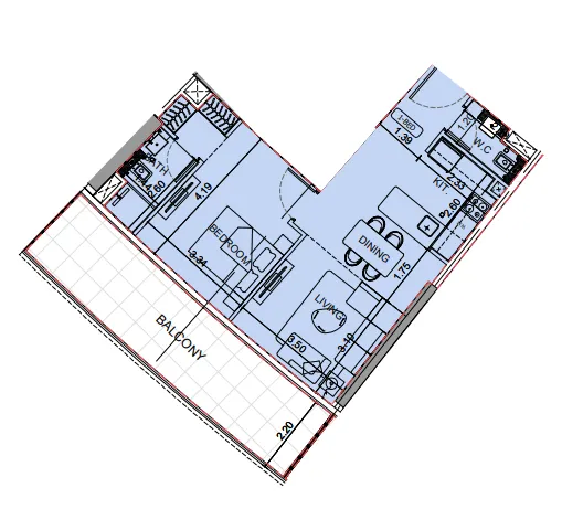 Binghatti Aquarise 1 bed floor plan, 823 sqft