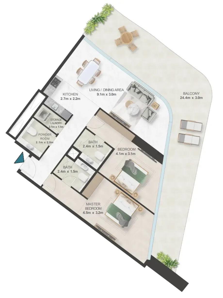 Oystra 2 bed floor plan, 1,835 sqft