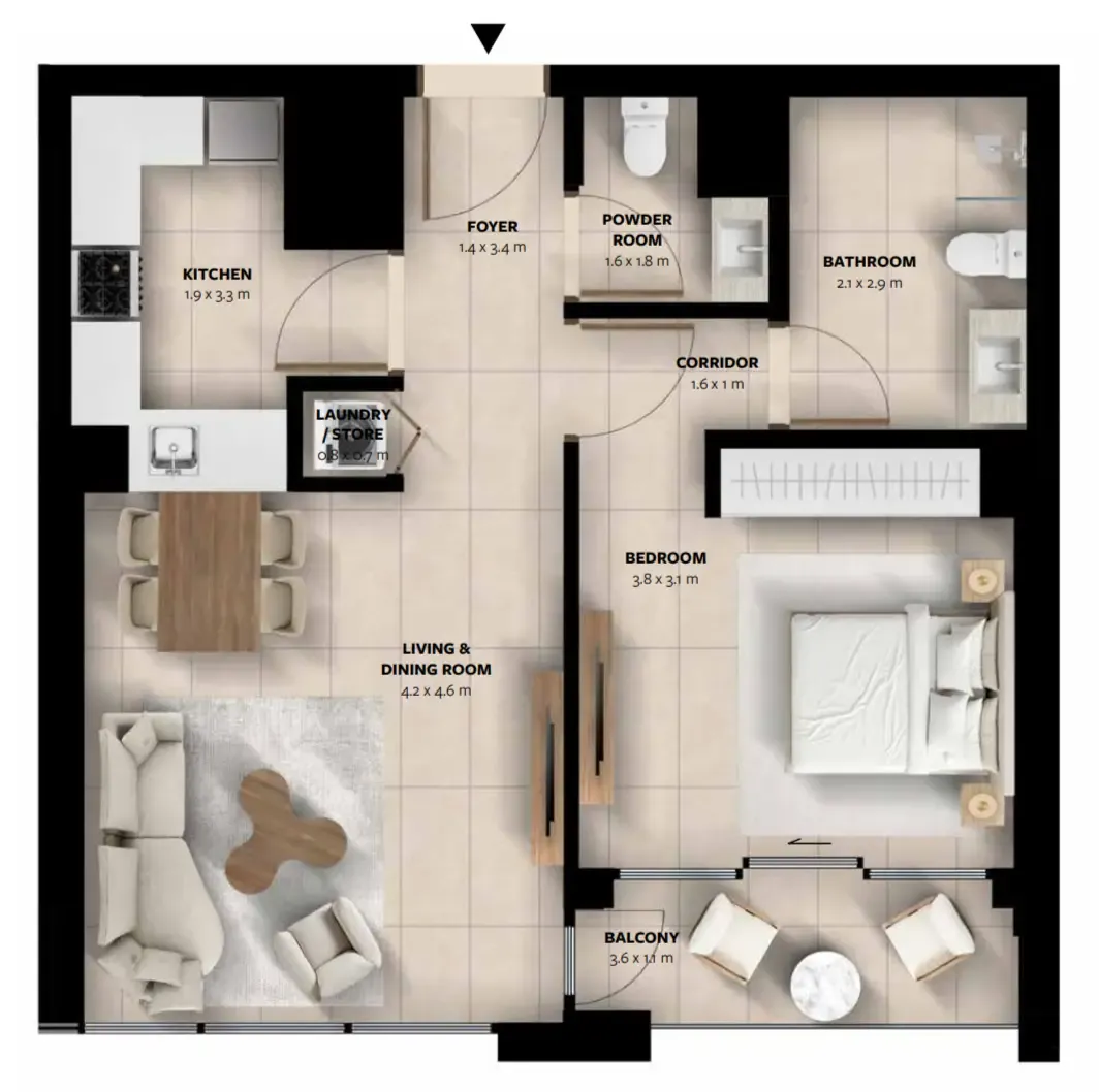 Waada Dubai South 1 bed floor plan, 749 sqft