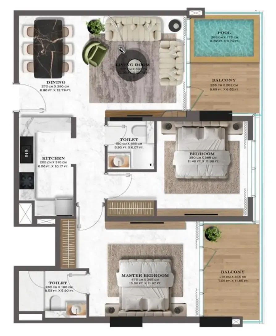 Lazord by Lapis Phases 1 and 2 2 bed floor plan, 1,118 sqft