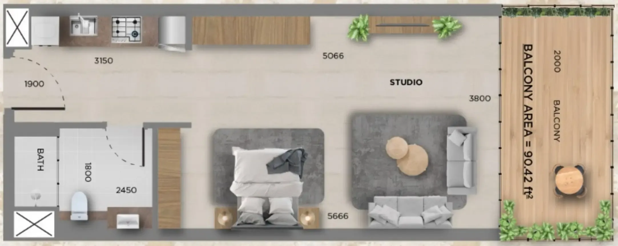 368 Park Ln. Studio floor plan, 444 sqft