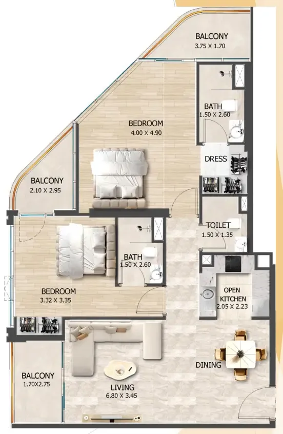 Crystal Tower by VHS 2 bed floor plan, 1,025 sqft