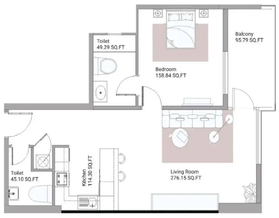 Ajman Creek Towers 1 bed floor plan, 1,124 sqft