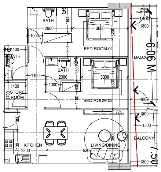 Al Haseen Residences 6 2 bed floor plan, 1,096 sqft