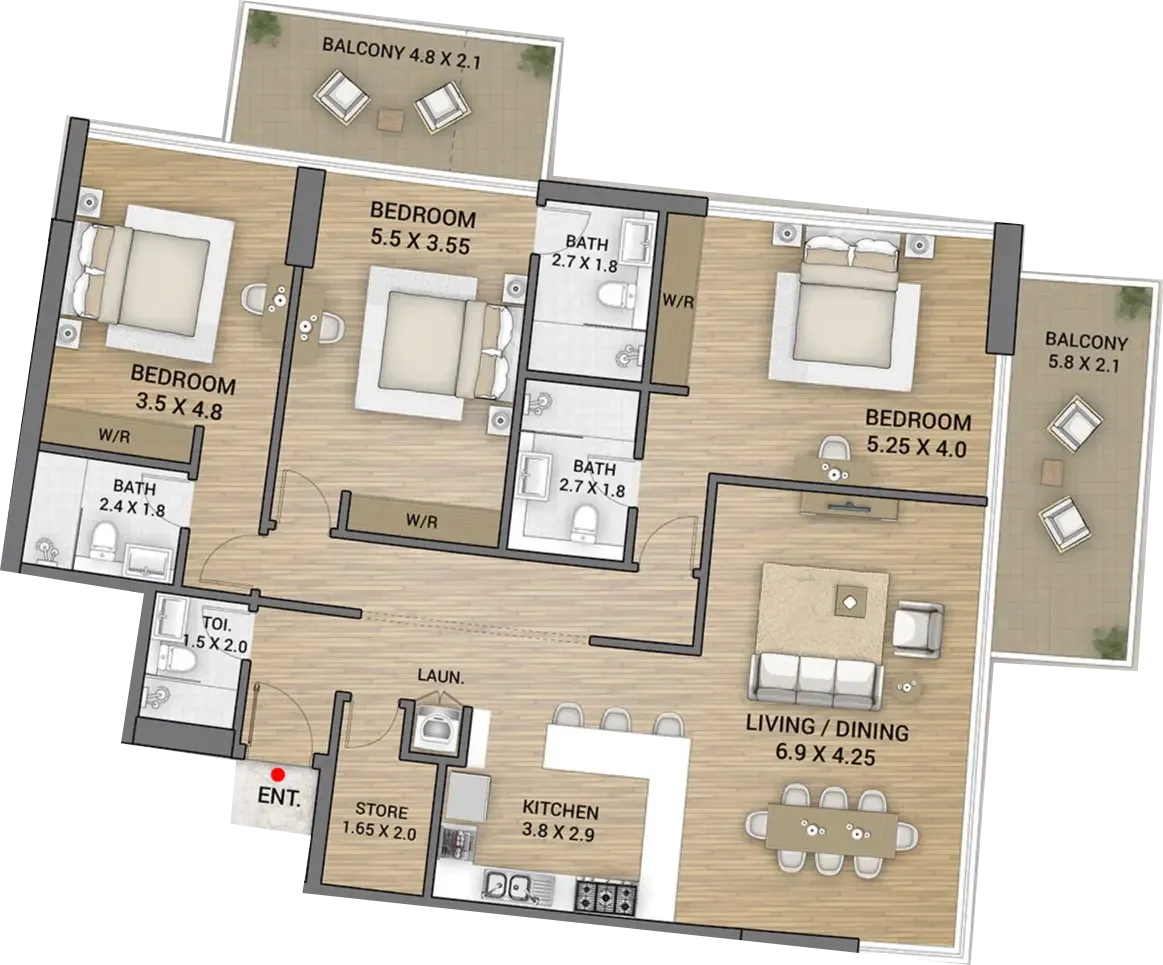 Ocean Tower 3 bed floor plan, 1,895 sqft