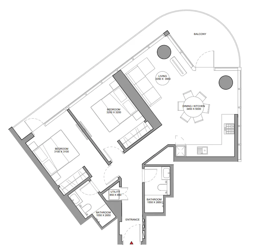 Sobha Solis 2 bed floor plan, 1,125 – 1,126 sqft