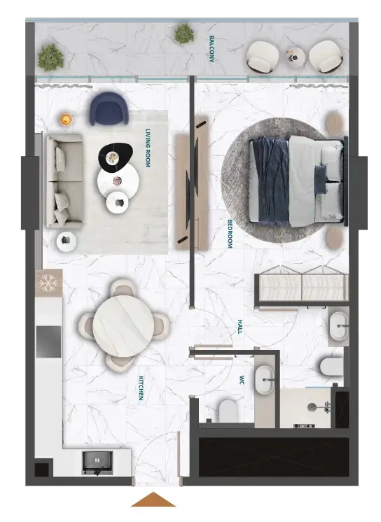 Wadi Hills 1 bed floor plan, 709 sqft