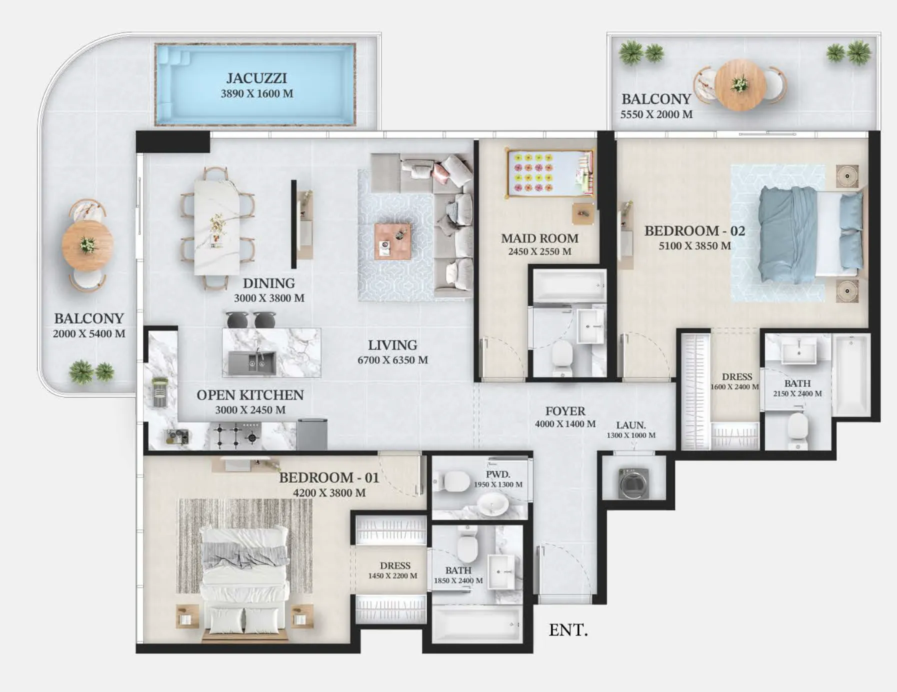 Wellington Ocean 2 bed floor plan, 1,812 sqft