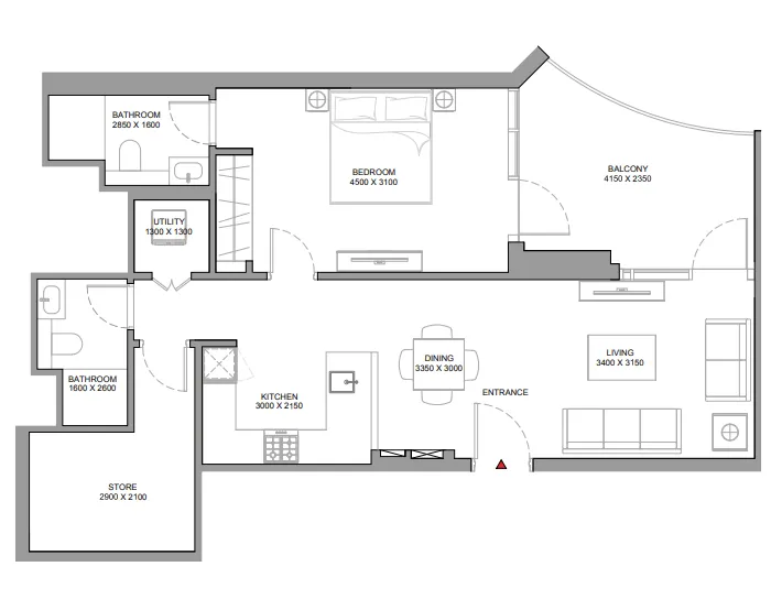 Skyvue Spectra 1 bed floor plan, 968 sqft