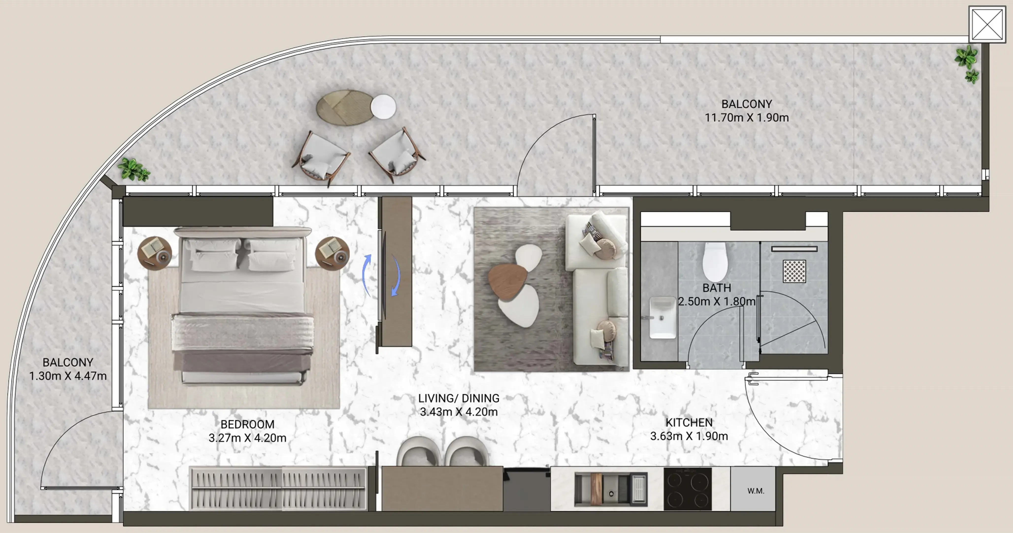 V-Suites Studio floor plan, 735 sqft