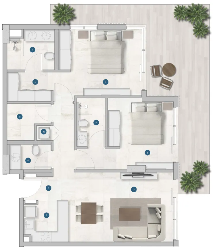 Sola Residences 2 bed floor plan, 1,489 sqft