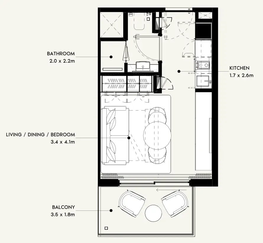 Azizi Noura Studio floor plan, 340 sqft
