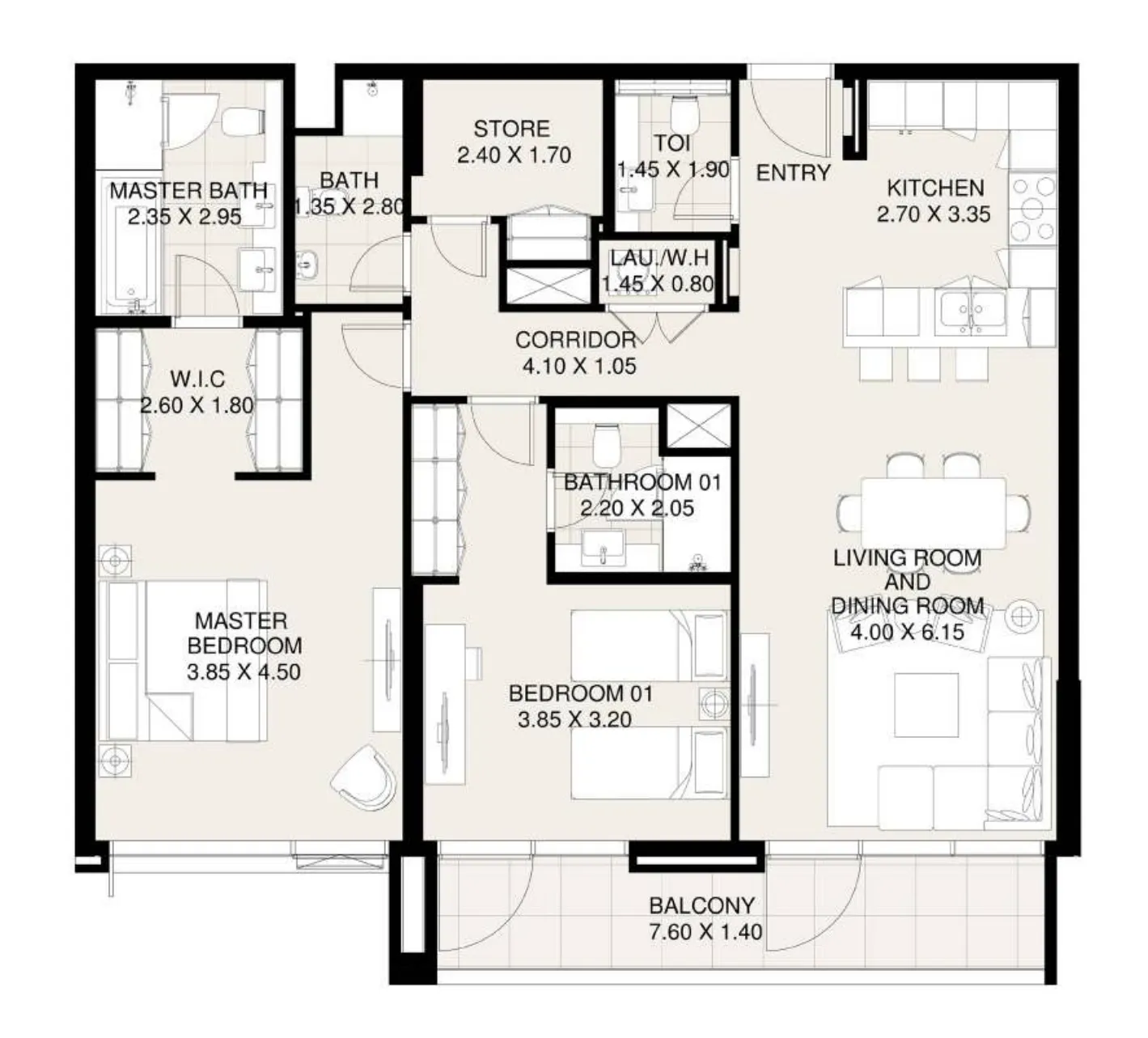 Canal Front Residences 3 and 4 2 bed floor plan, 1,395 sqft