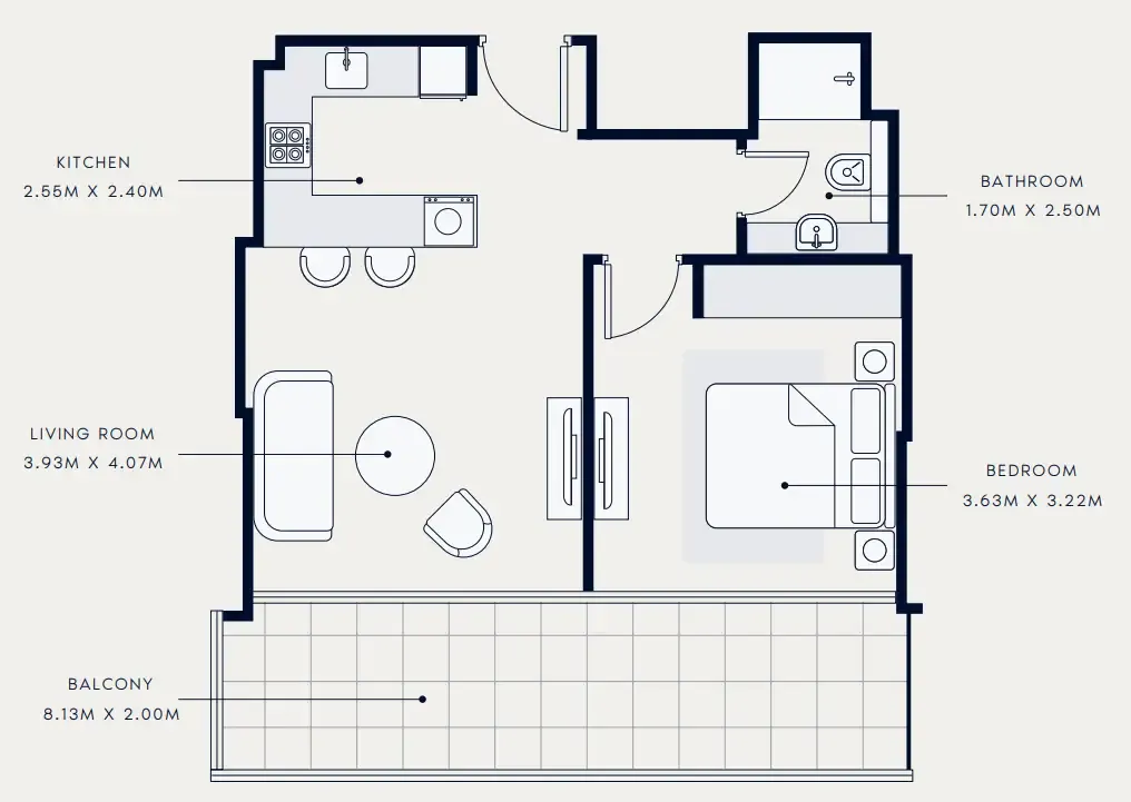 Riviera Azure 1 bed floor plan, 723 sqft