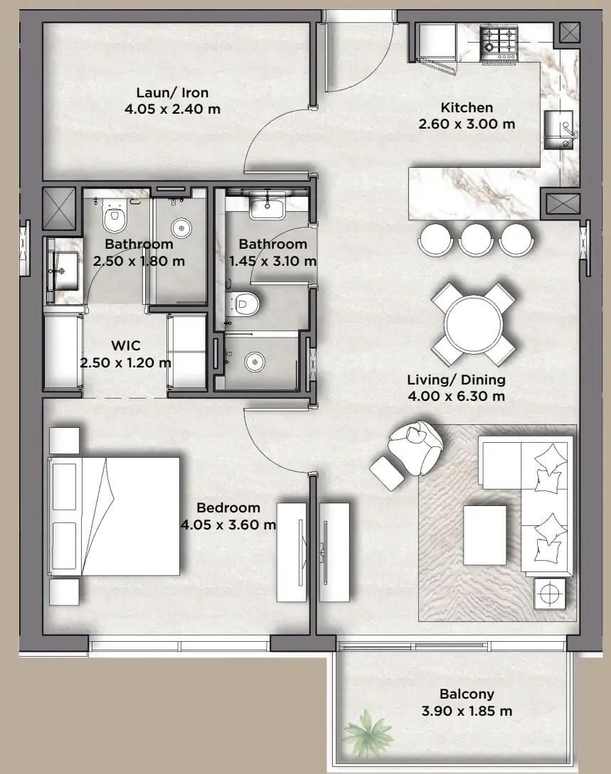 Riviera Lodge 1 bed floor plan, 947 sqft